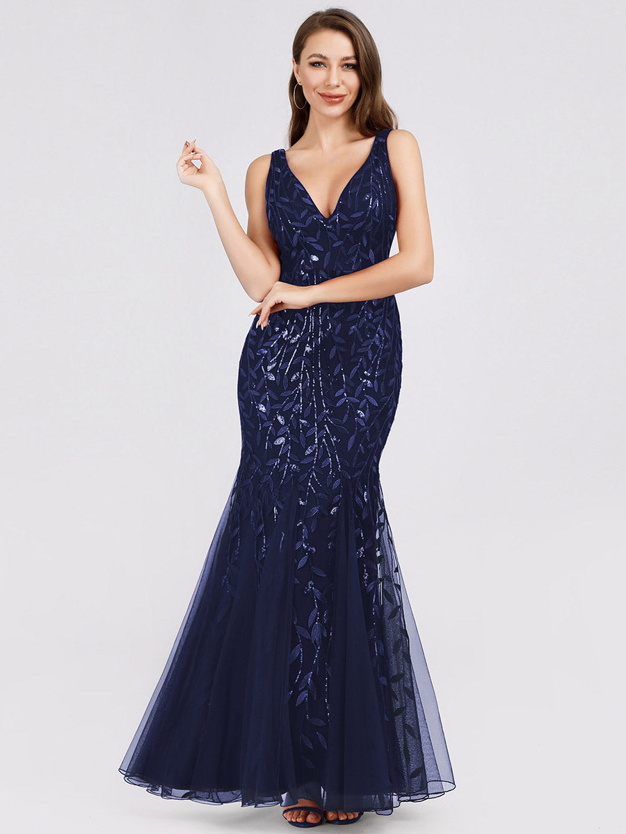 Color=Navy Blue | Commercial Wholesale Strapless Deep V-Neck Sequin Fishtail Maxi Evening Dresses-Navy Blue 41