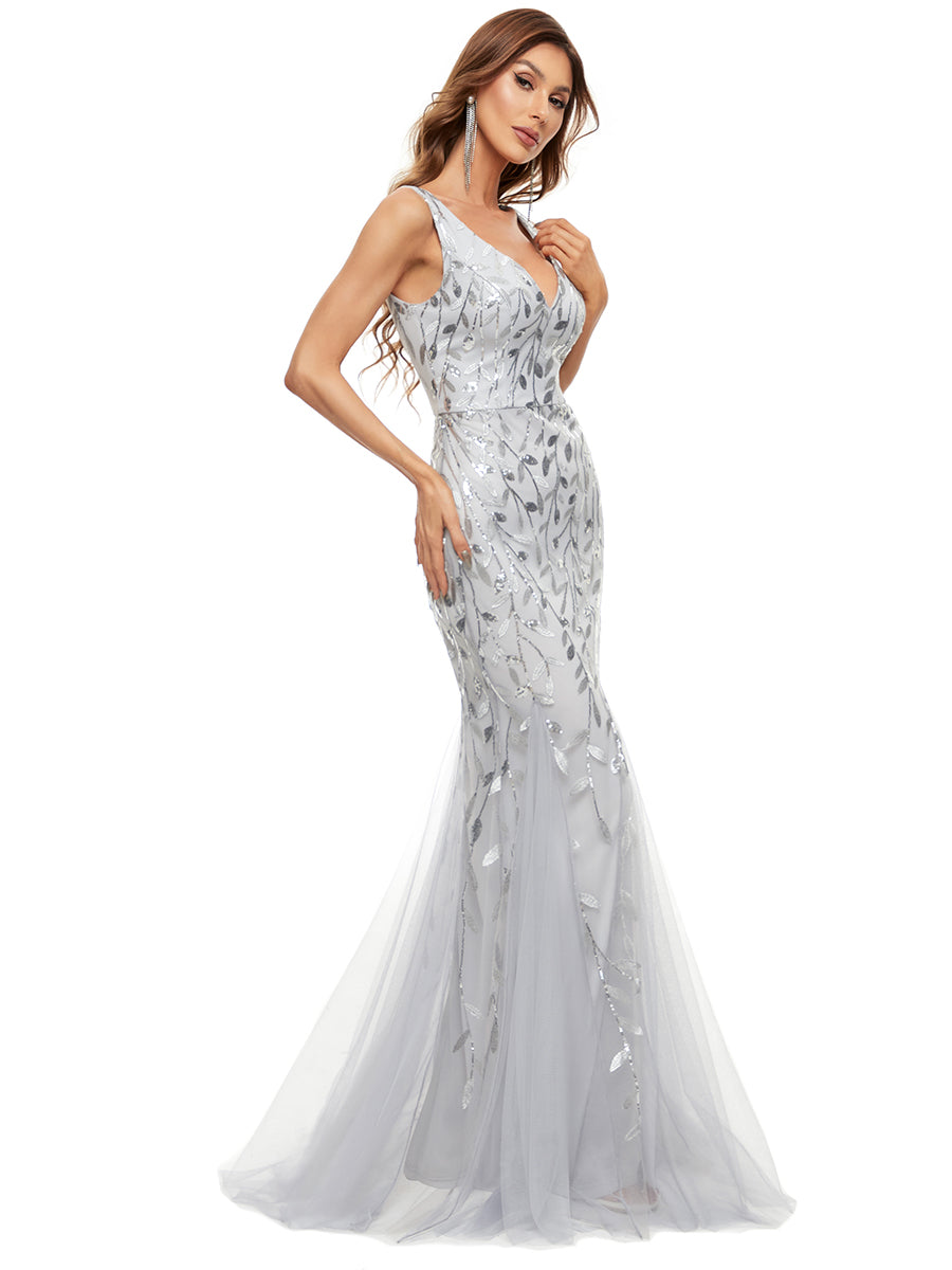 Color=Silver | Commercial Wholesale Strapless Deep V-Neck Sequin Fishtail Maxi Evening Dresses-Silver 63