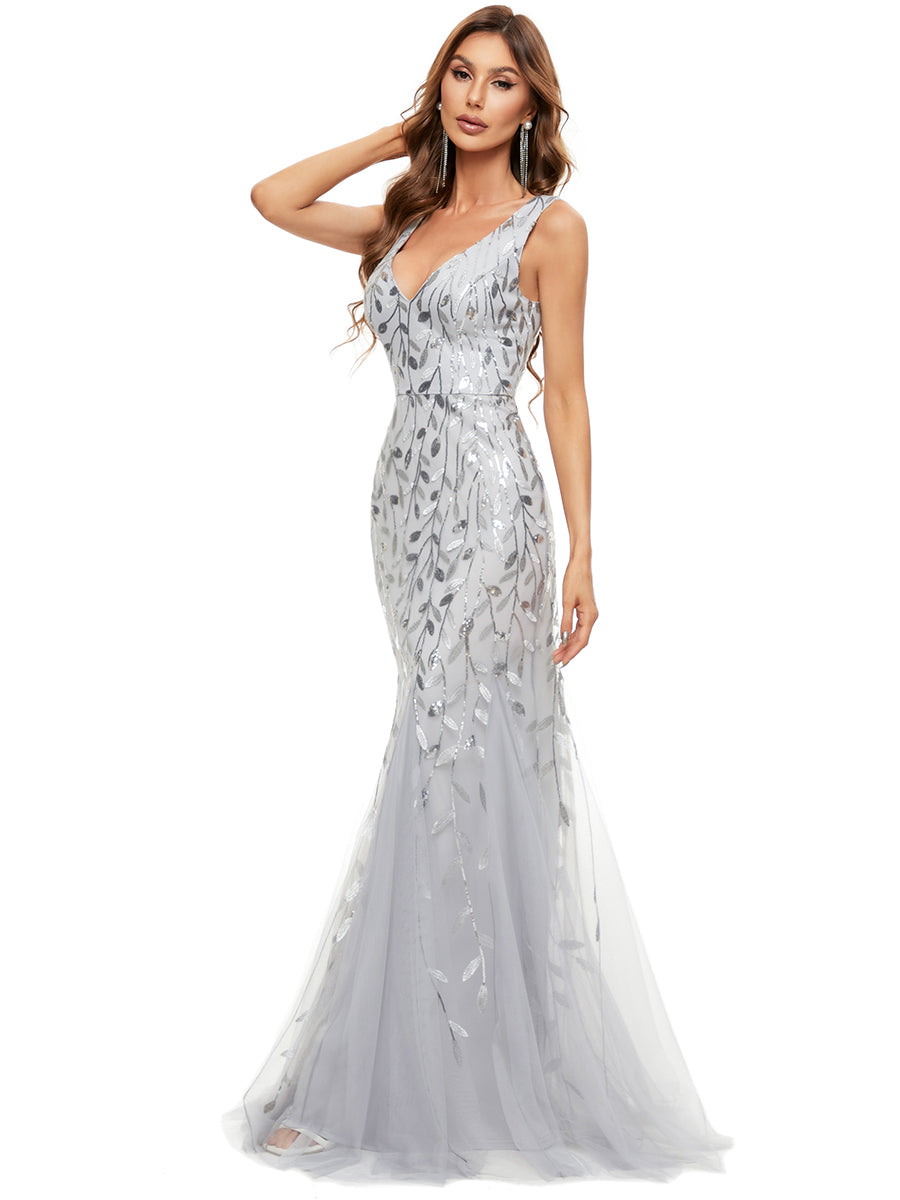 Color=Silver | Commercial Wholesale Strapless Deep V-Neck Sequin Fishtail Maxi Evening Dresses-Silver 64