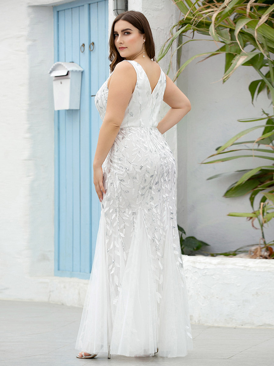 Color=White | Commercial Wholesale Strapless Deep V-Neck Sequin Fishtail Maxi Evening Dresses-White 71