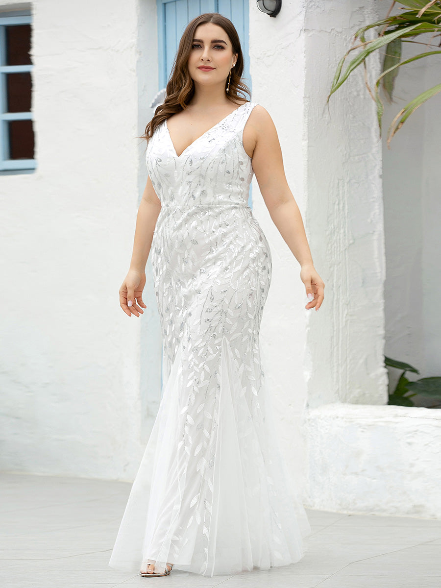 Color=White | Commercial Wholesale Strapless Deep V-Neck Sequin Fishtail Maxi Evening Dresses-White 73