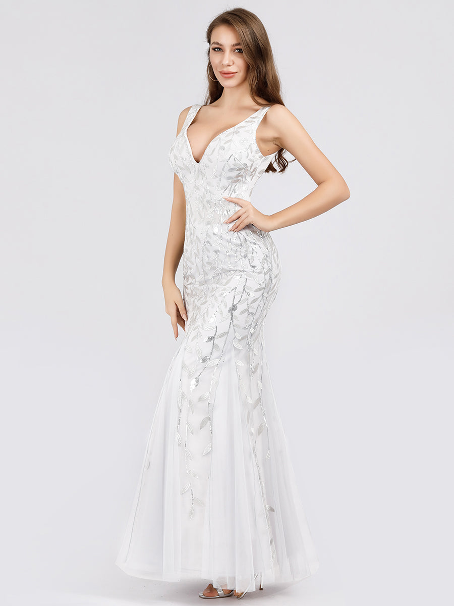 Color=White | Commercial Wholesale Strapless Deep V-Neck Sequin Fishtail Maxi Evening Dresses-White 68