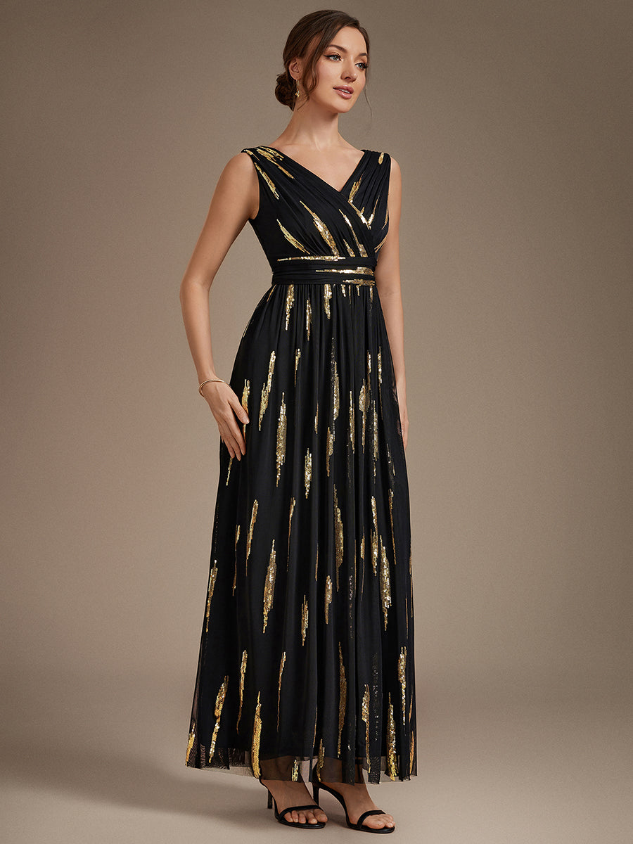 Color=Black Gold | Sequin Draped Sleeveless Maxi Evening Dress Wholesale-Black Gold 3