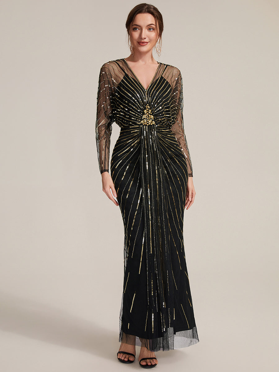 Color=Black Gold | Volume Discounts Long Sleeve Sheath V-Neck High Stretch Maxi Evening Dresses with Slit & Beading-Black Gold 1