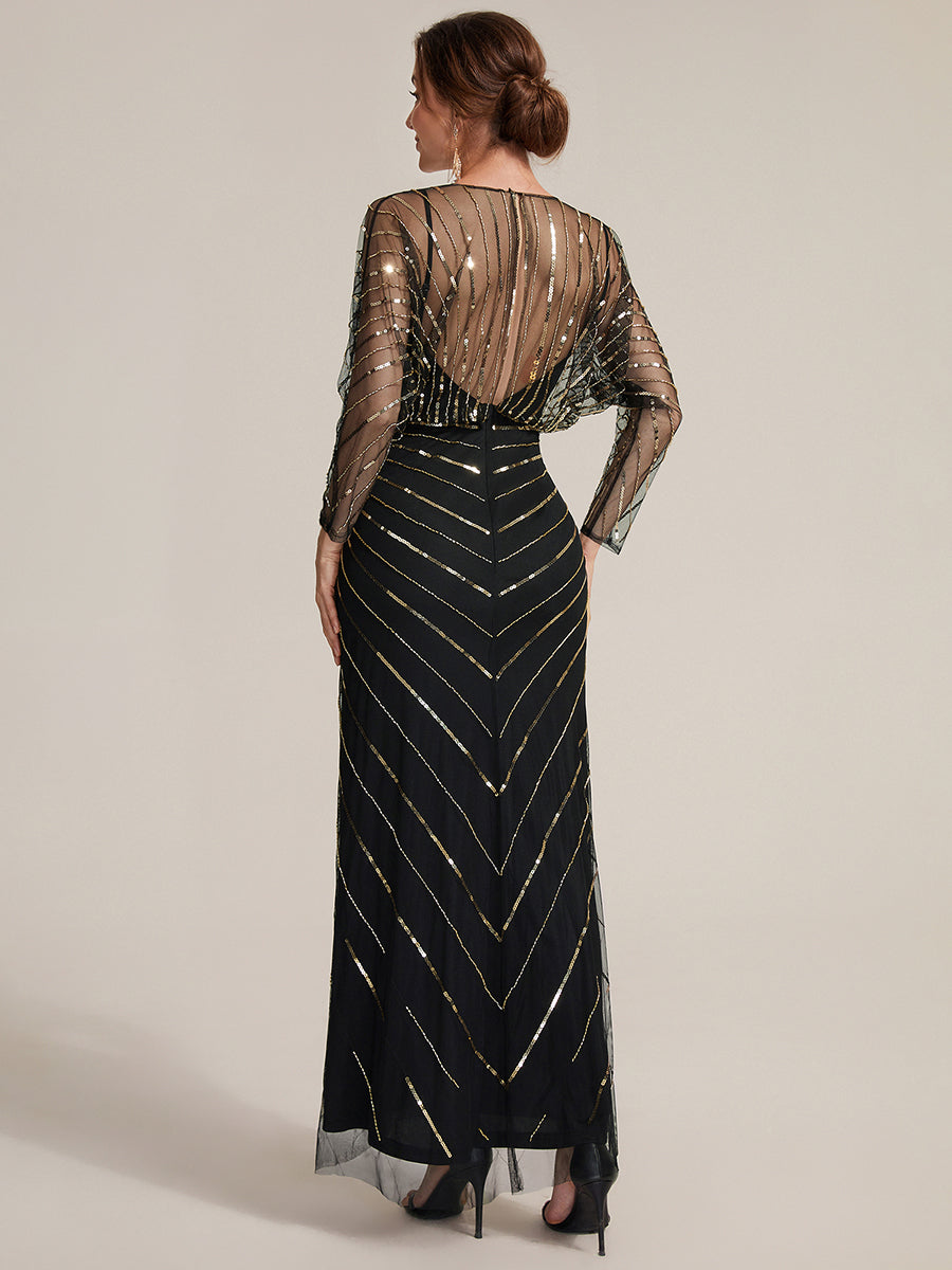 Color=Black Gold | Volume Discounts Long Sleeve Sheath V-Neck High Stretch Maxi Evening Dresses with Slit & Beading-Black Gold 2