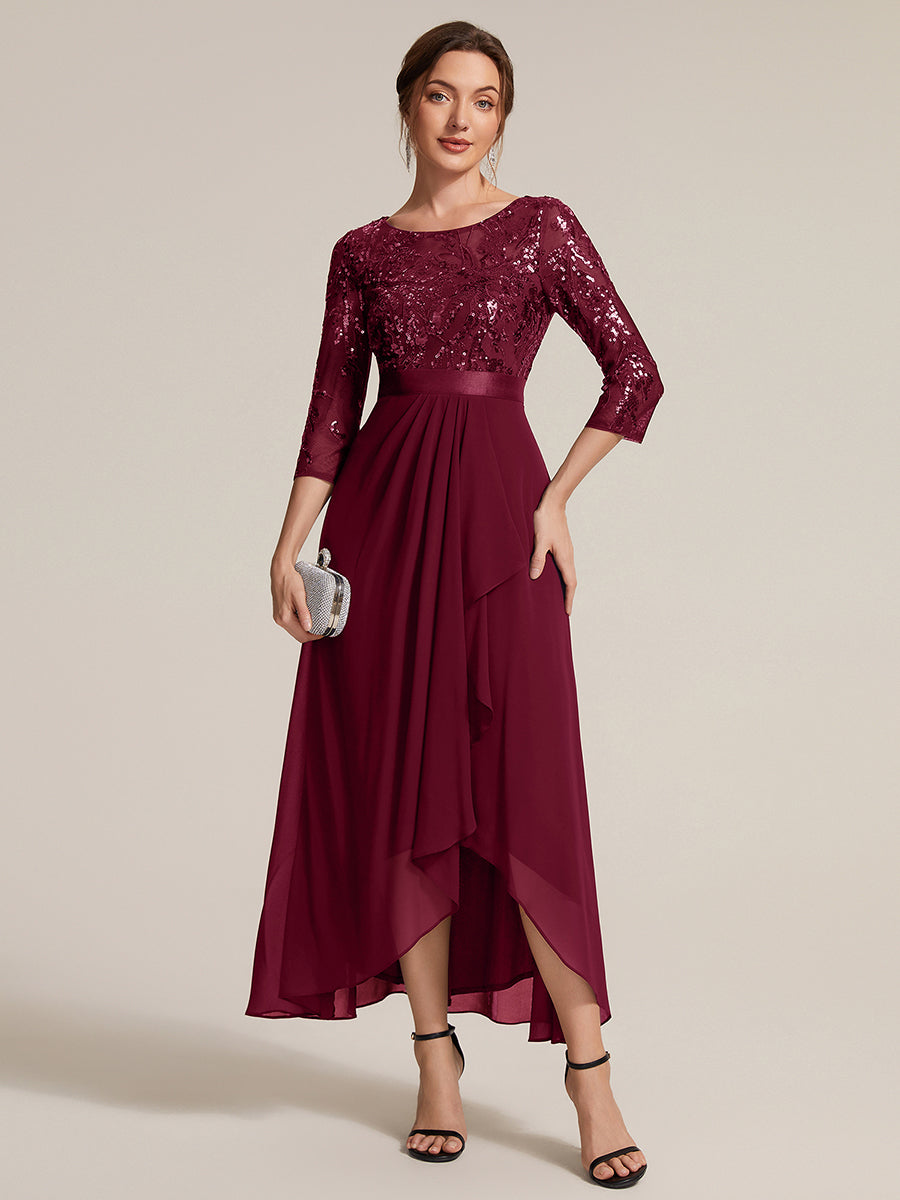 Color=Burgundy | Volume Discounts Three-Quarter Sleeve Ruffled Asymmetrical High-Low Evening Dresses-Burgundy 1