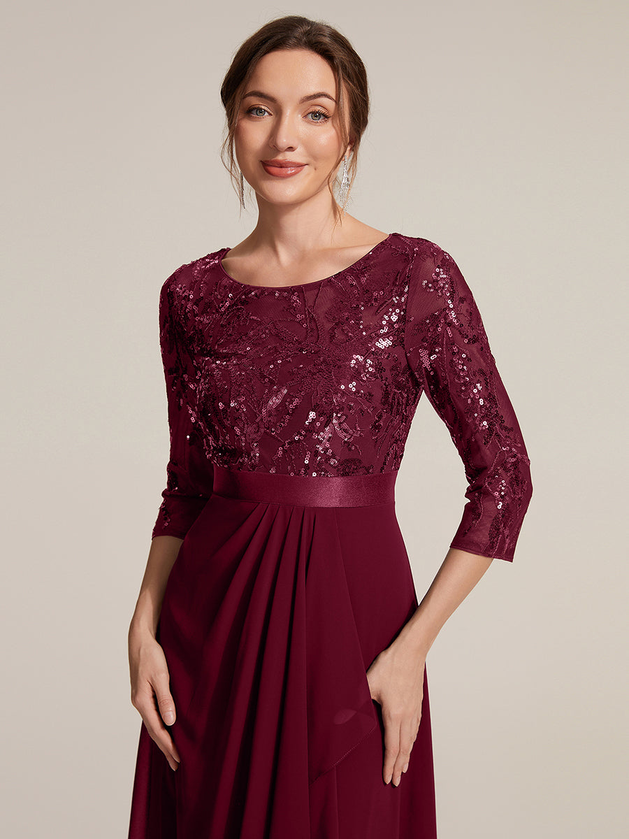 Color=Burgundy | Volume Discounts Three-Quarter Sleeve Ruffled Asymmetrical High-Low Evening Dresses-Burgundy 3
