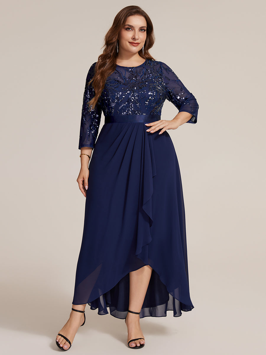 Color=Navy Blue | Volume Discounts Three-Quarter Sleeve Ruffled Asymmetrical High-Low Evening Dresses-Navy Blue 20