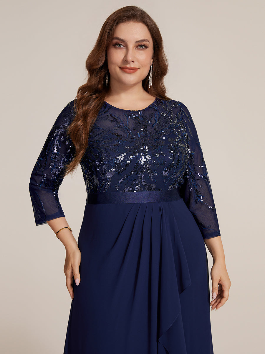 Color=Navy Blue | Volume Discounts Three-Quarter Sleeve Ruffled Asymmetrical High-Low Evening Dresses-Navy Blue 18