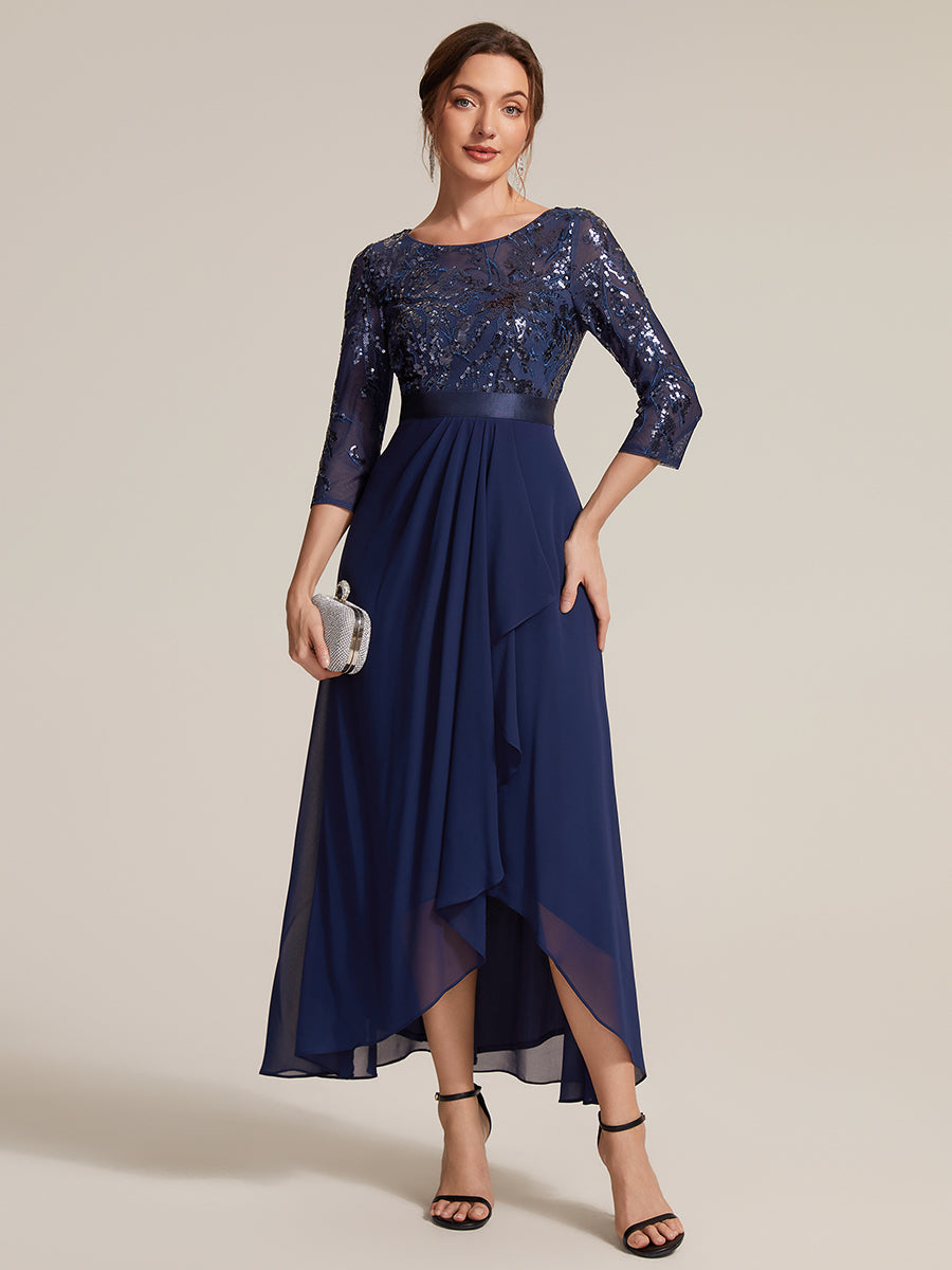 Color=Navy Blue | Volume Discounts Three-Quarter Sleeve Ruffled Asymmetrical High-Low Evening Dresses-Navy Blue 11