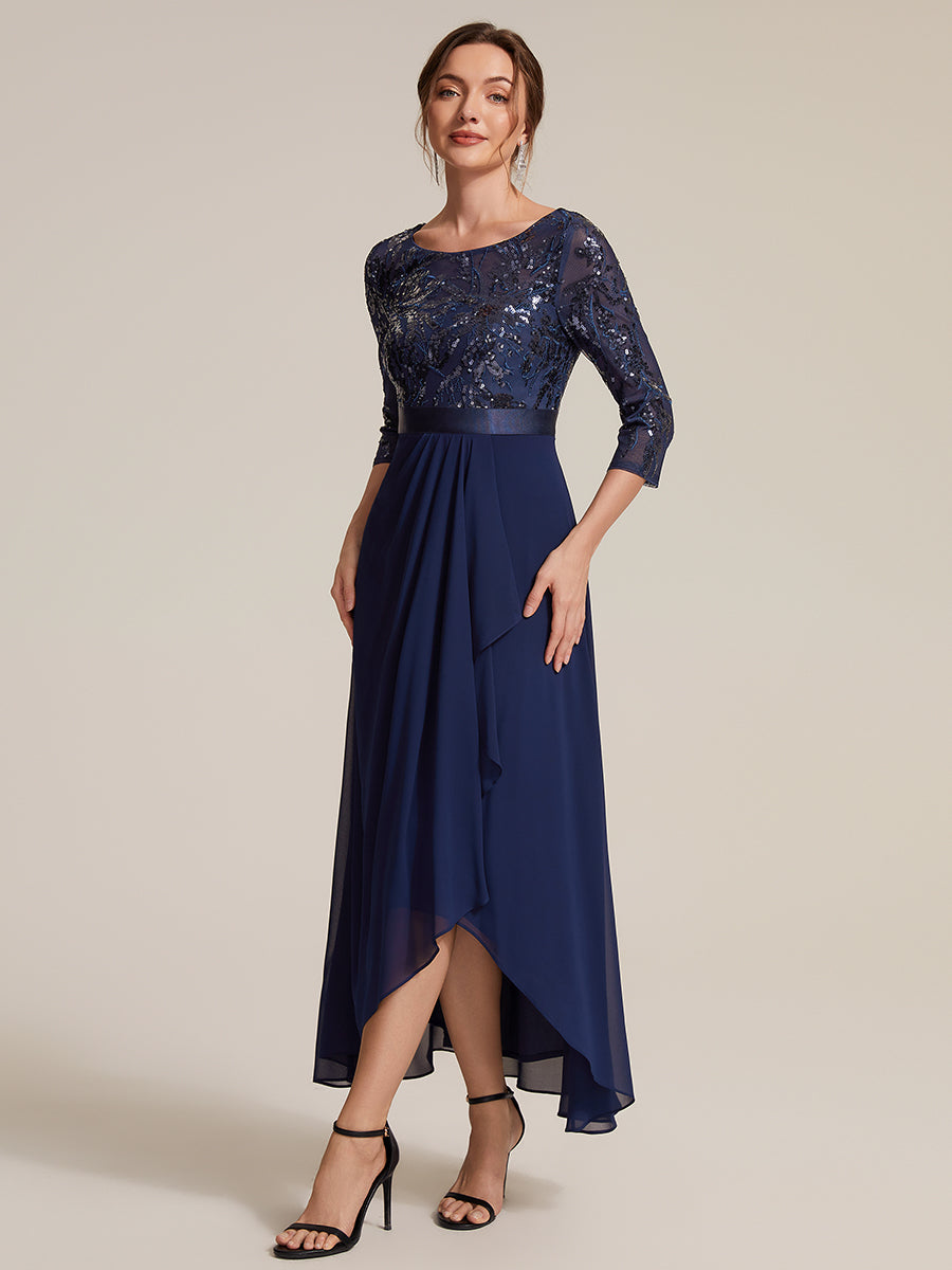 Color=Navy Blue | Volume Discounts Three-Quarter Sleeve Ruffled Asymmetrical High-Low Evening Dresses-Navy Blue 14