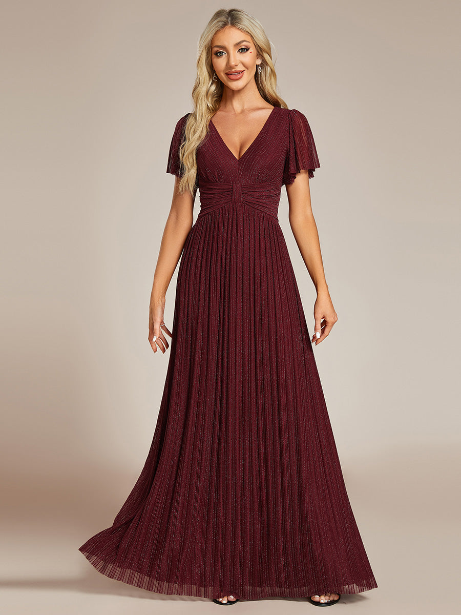 Color=Burgundy | Glittery V Neck Bowknot Waist Mesh Fabric Wholesale Evening Dress-Burgundy 3