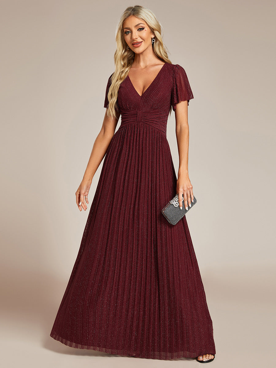 Color=Burgundy | Glittery V Neck Bowknot Waist Mesh Fabric Wholesale Evening Dress-Burgundy 5