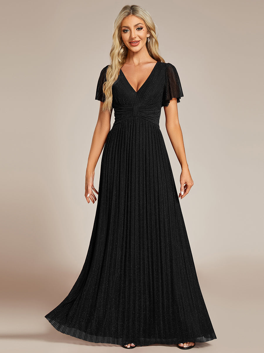 Color=Black | Glittery V Neck Bowknot Waist Mesh Fabric Wholesale Evening Dress-Black 17