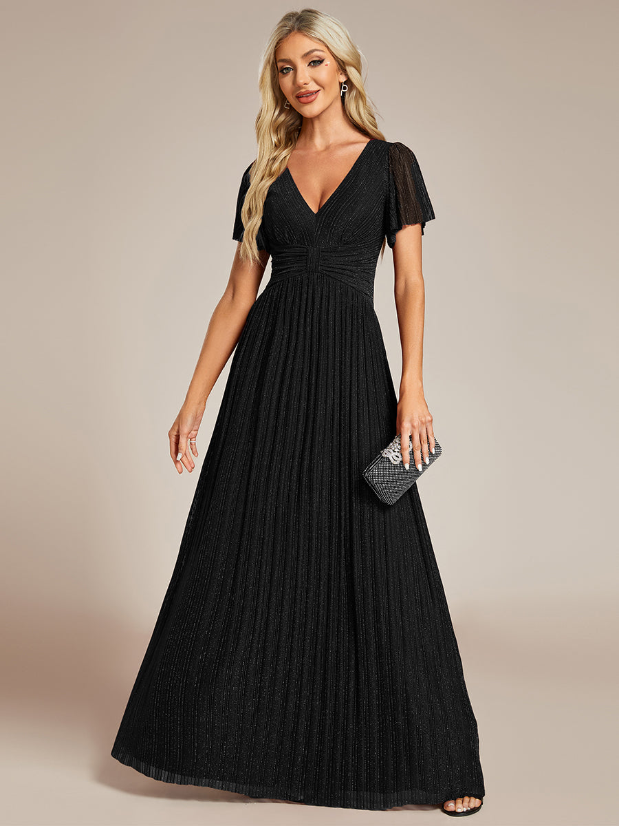 Color=Black | Glittery V Neck Bowknot Waist Mesh Fabric Wholesale Evening Dress-Black 15