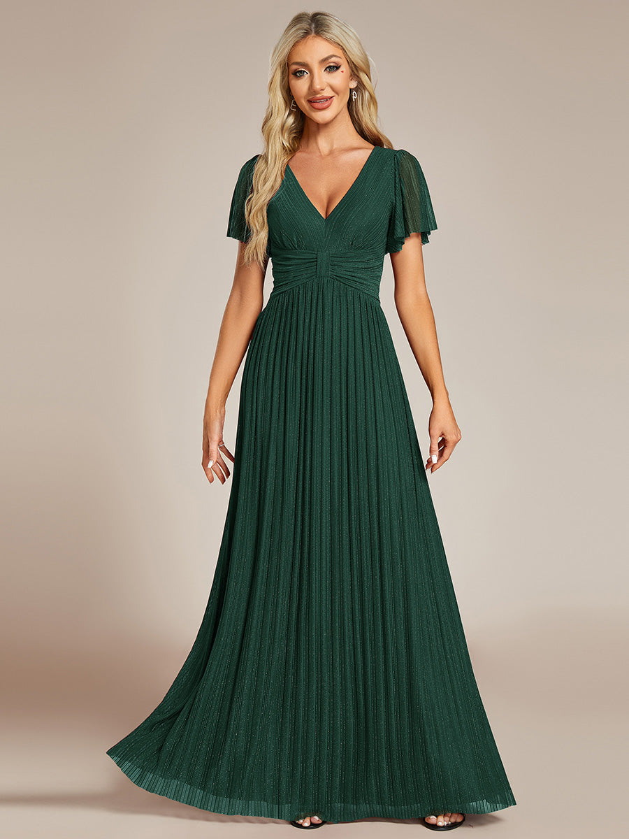 Color=Dark Green | Glittery V Neck Bowknot Waist Mesh Fabric Wholesale Evening Dress-Dark Green