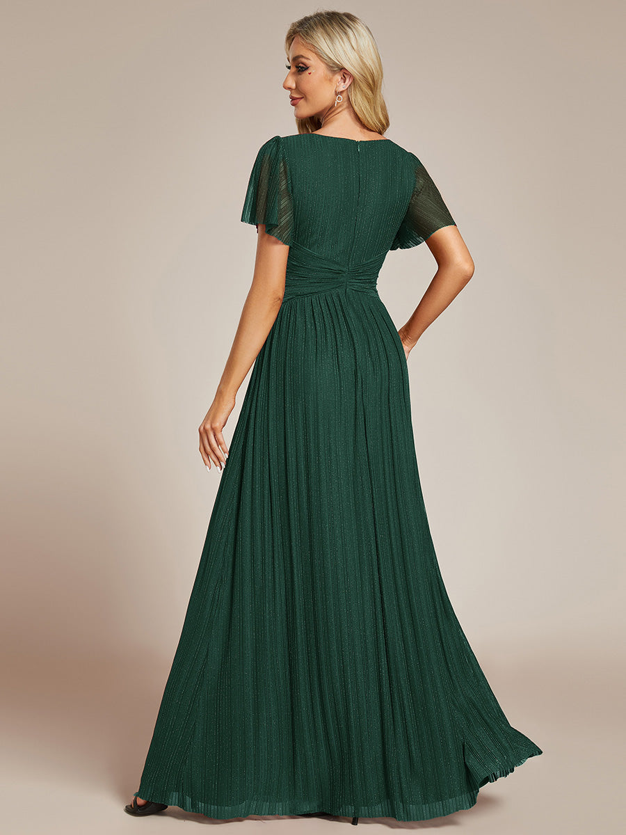 Color=Dark Green | Glittery V Neck Bowknot Waist Mesh Fabric Wholesale Evening Dress-Dark Green