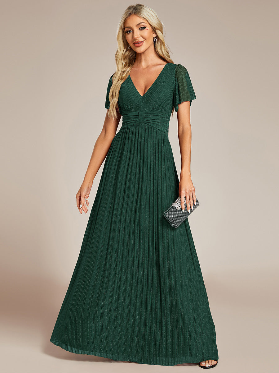 Color=Dark Green | Glittery V Neck Bowknot Waist Mesh Fabric Wholesale Evening Dress-Dark Green