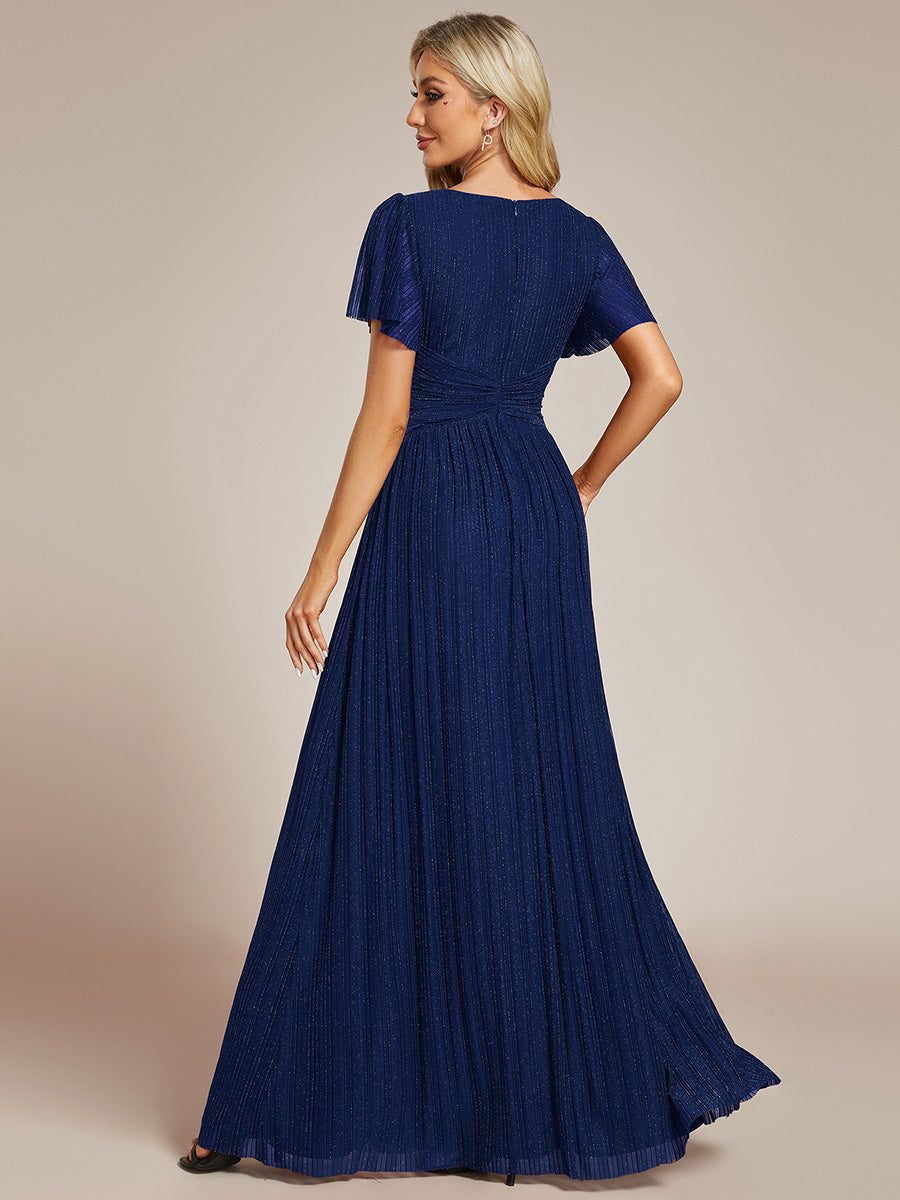 Color=Navy Blue | Glittery V Neck Bowknot Waist Mesh Fabric Wholesale Evening Dress-Navy Blue 