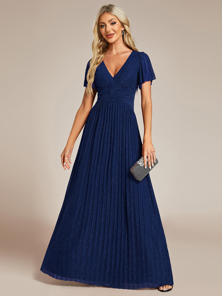 Color=Navy Blue | Glittery V Neck Bowknot Waist Mesh Fabric Wholesale Evening Dress-Navy Blue