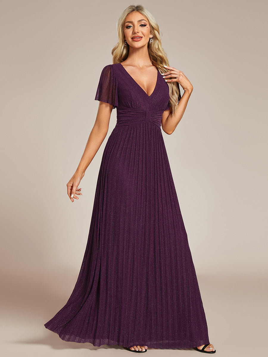 Color=Purple Wisteria | Glittery V Neck Bowknot Waist Mesh Fabric Wholesale Evening Dress-Purple Wisteria