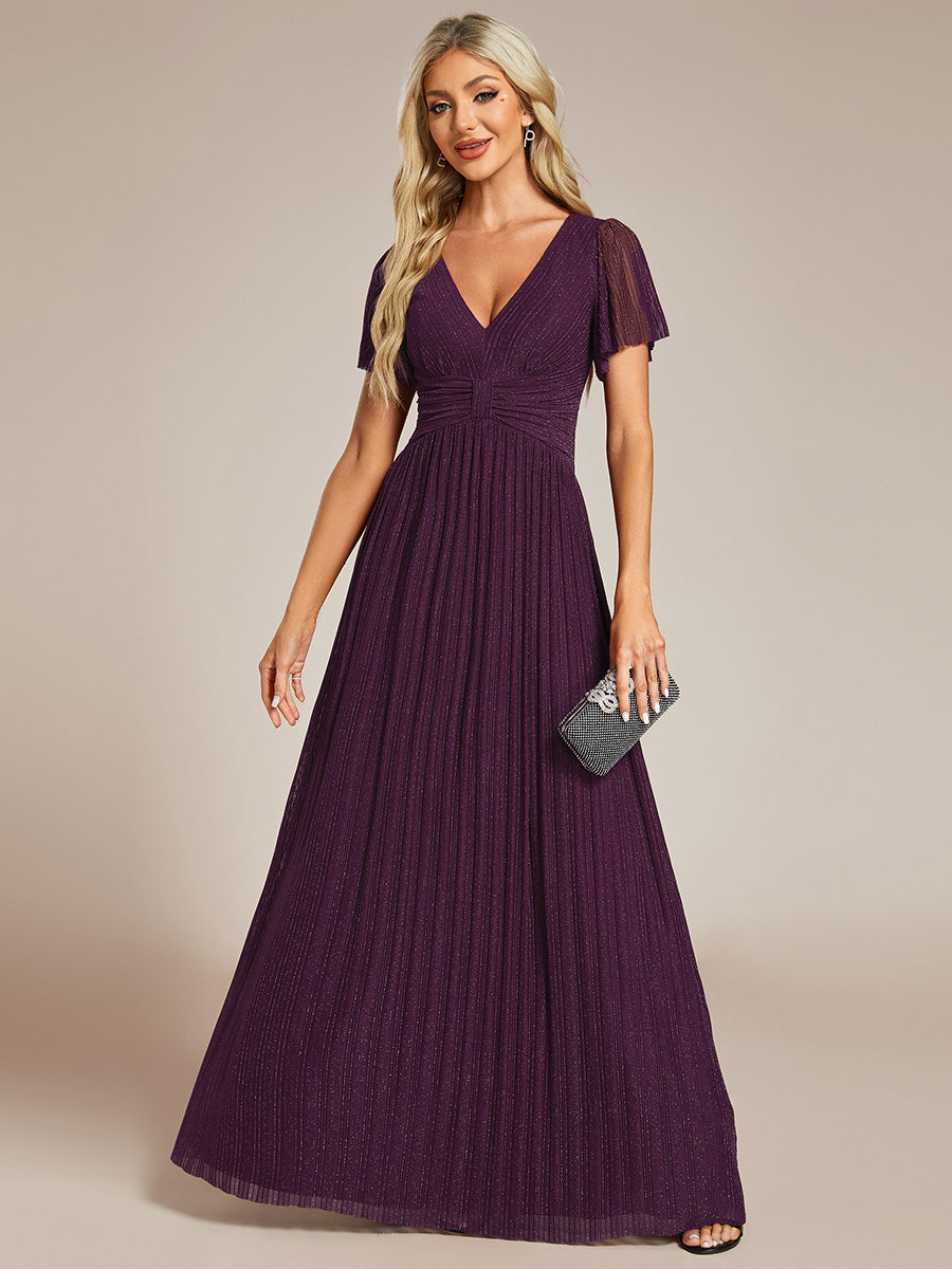 Color=Purple Wisteria | Glittery V Neck Bowknot Waist Mesh Fabric Wholesale Evening Dress-Purple Wisteria 