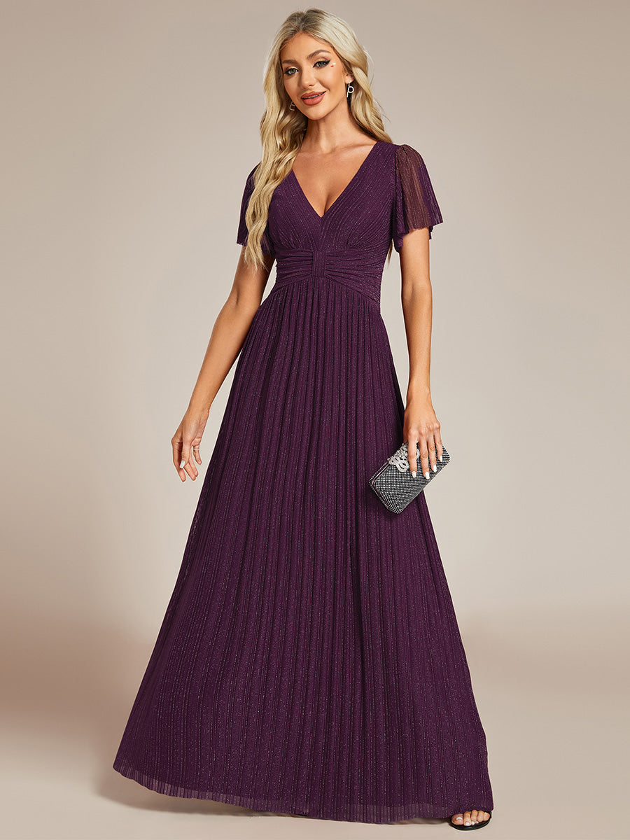 Color=Purple Wisteria | Glittery V Neck Bowknot Waist Mesh Fabric Wholesale Evening Dress-Purple Wisteria