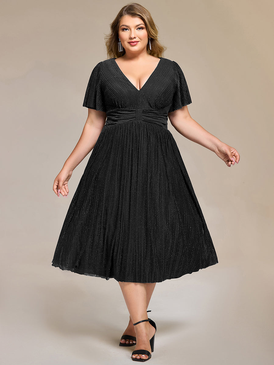 Color=Black | Wholesale Pricing Short Sleeve Ruffle V-Neck A-Line Midi Length Formal Dresses-Black 1