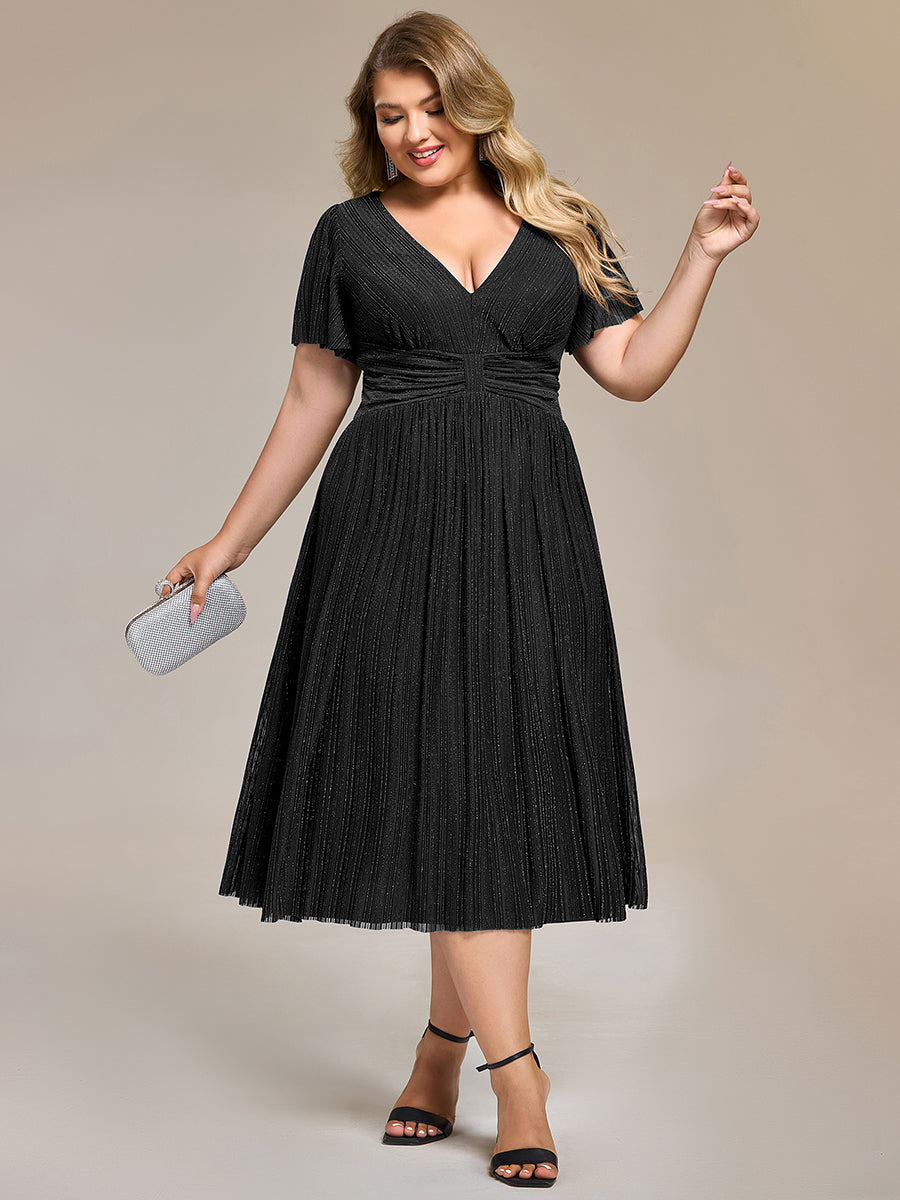 Color=Black | Wholesale Pricing Short Sleeve Ruffle V-Neck A-Line Midi Length Formal Dresses-Black 3