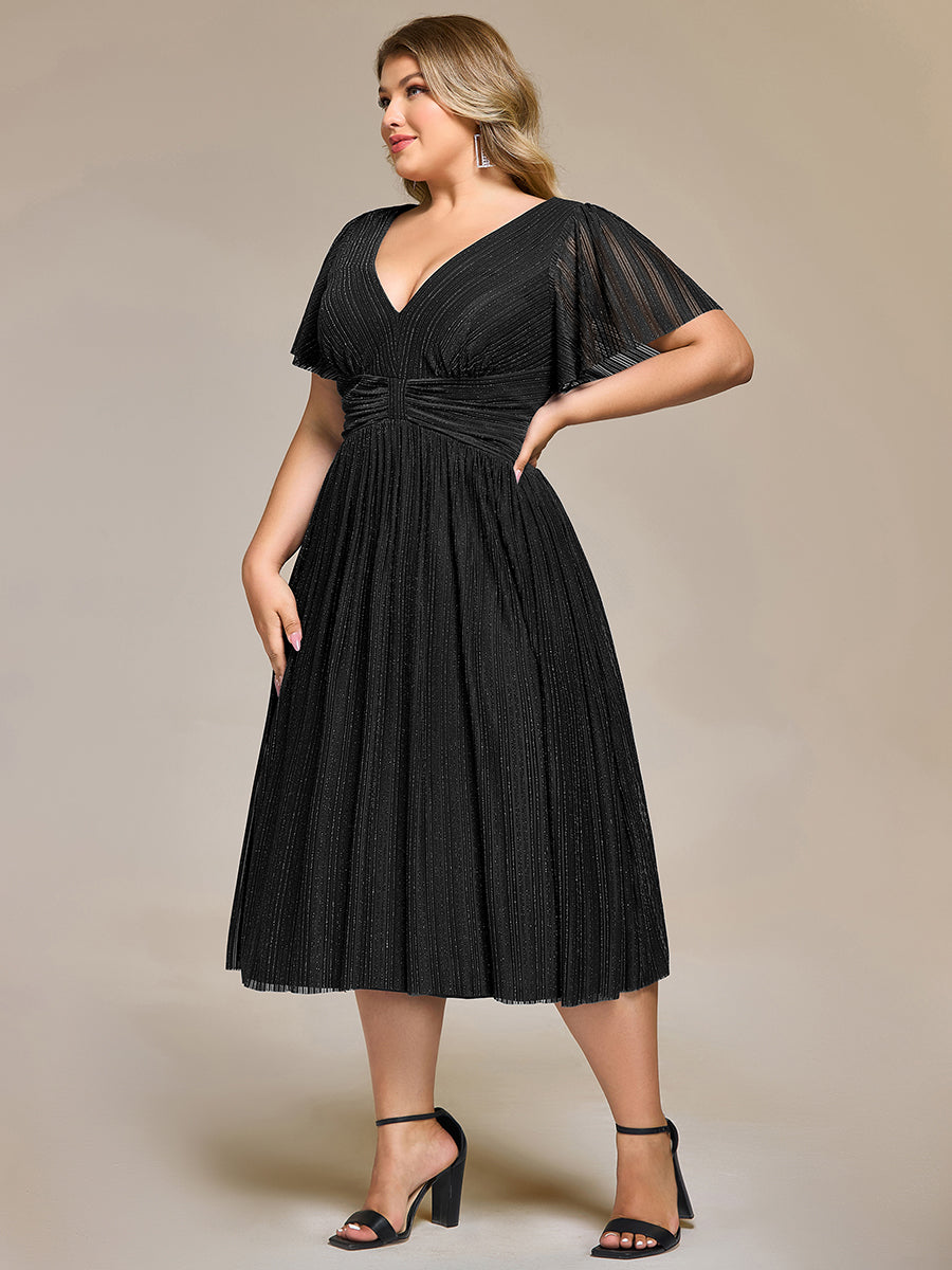Color=Black | Wholesale Pricing Short Sleeve Ruffle V-Neck A-Line Midi Length Formal Dresses-Black 4