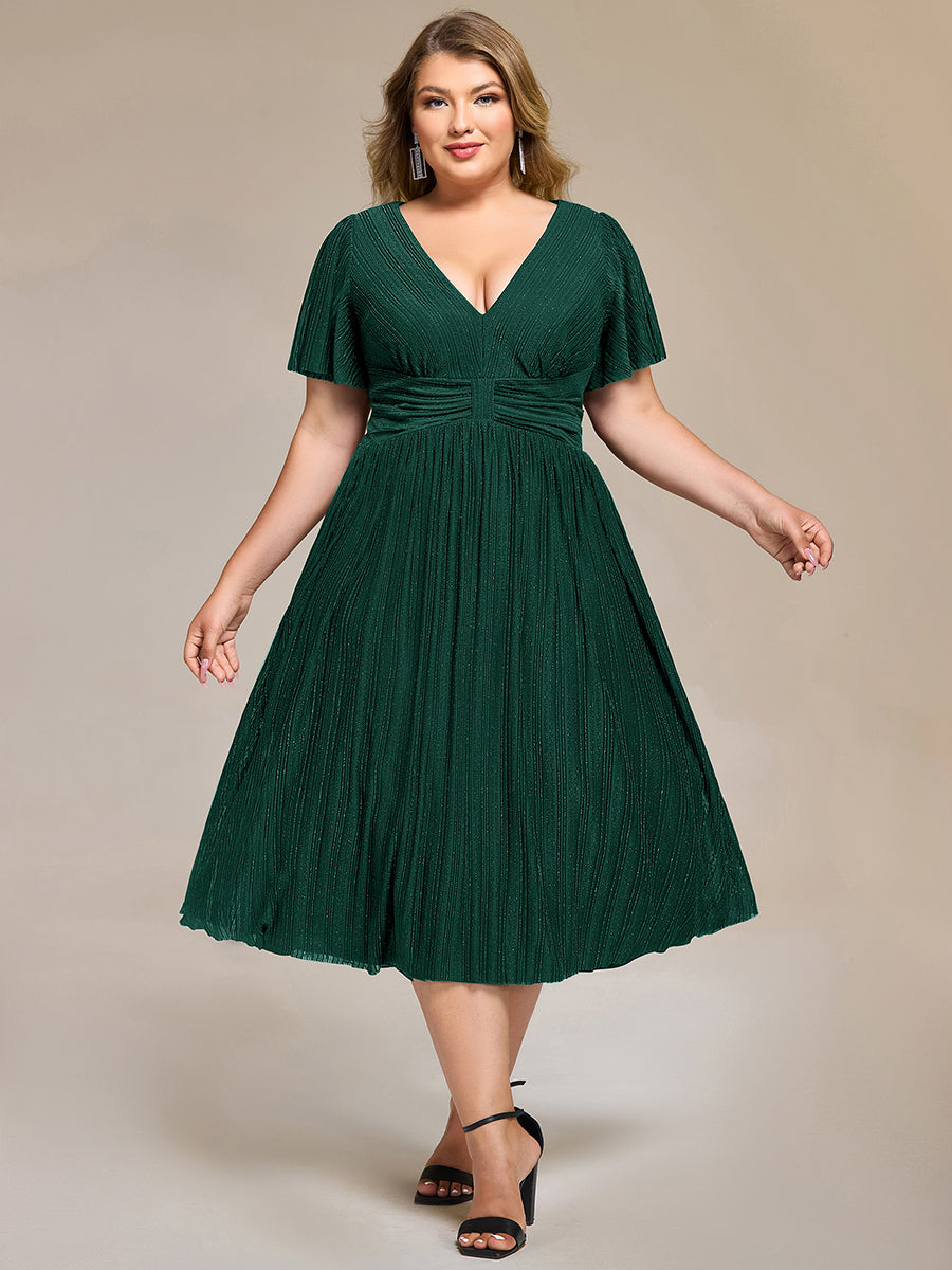 Color=Dark Green | Wholesale Pricing Short Sleeve Ruffle V-Neck A-Line Midi Length Formal Dresses-Dark Green 6
