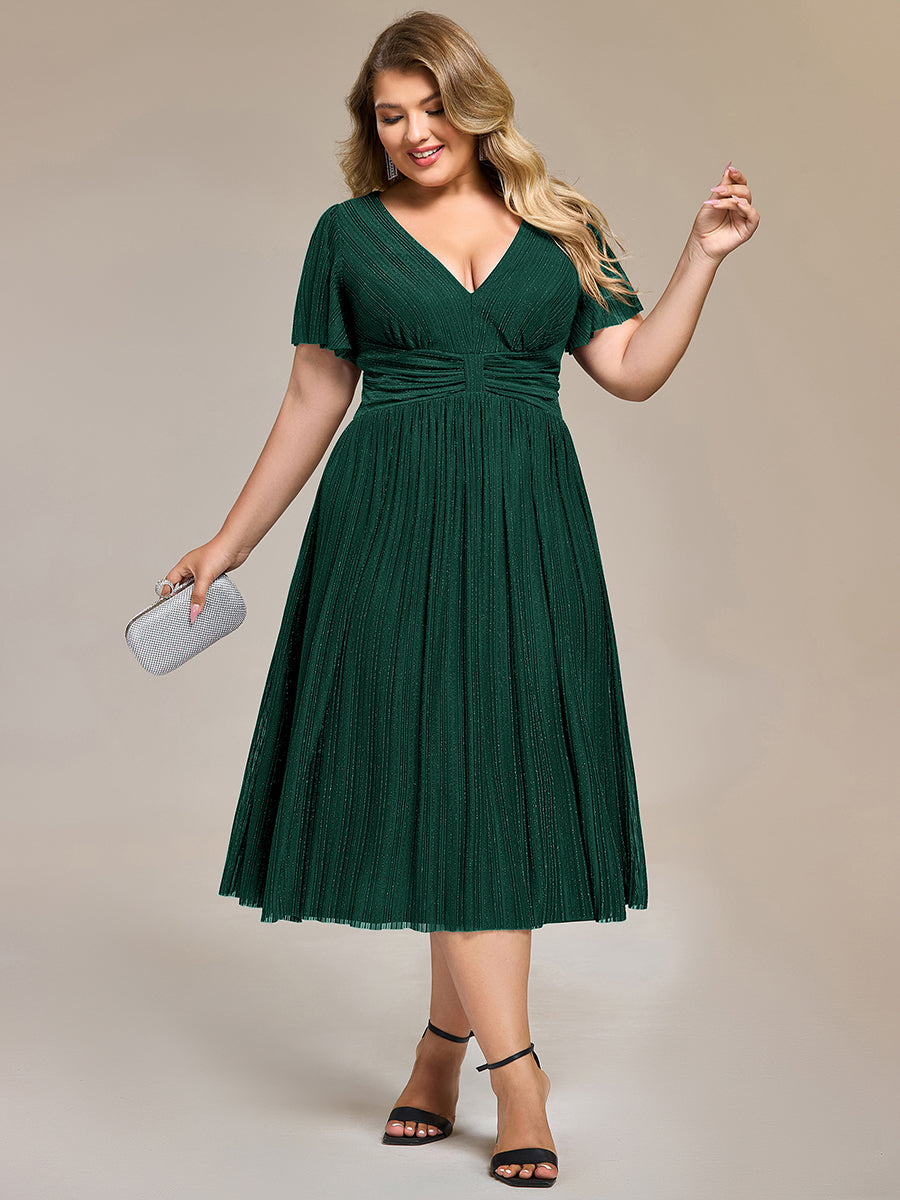 Color=Dark Green | Wholesale Pricing Short Sleeve Ruffle V-Neck A-Line Midi Length Formal Dresses-Dark Green 8