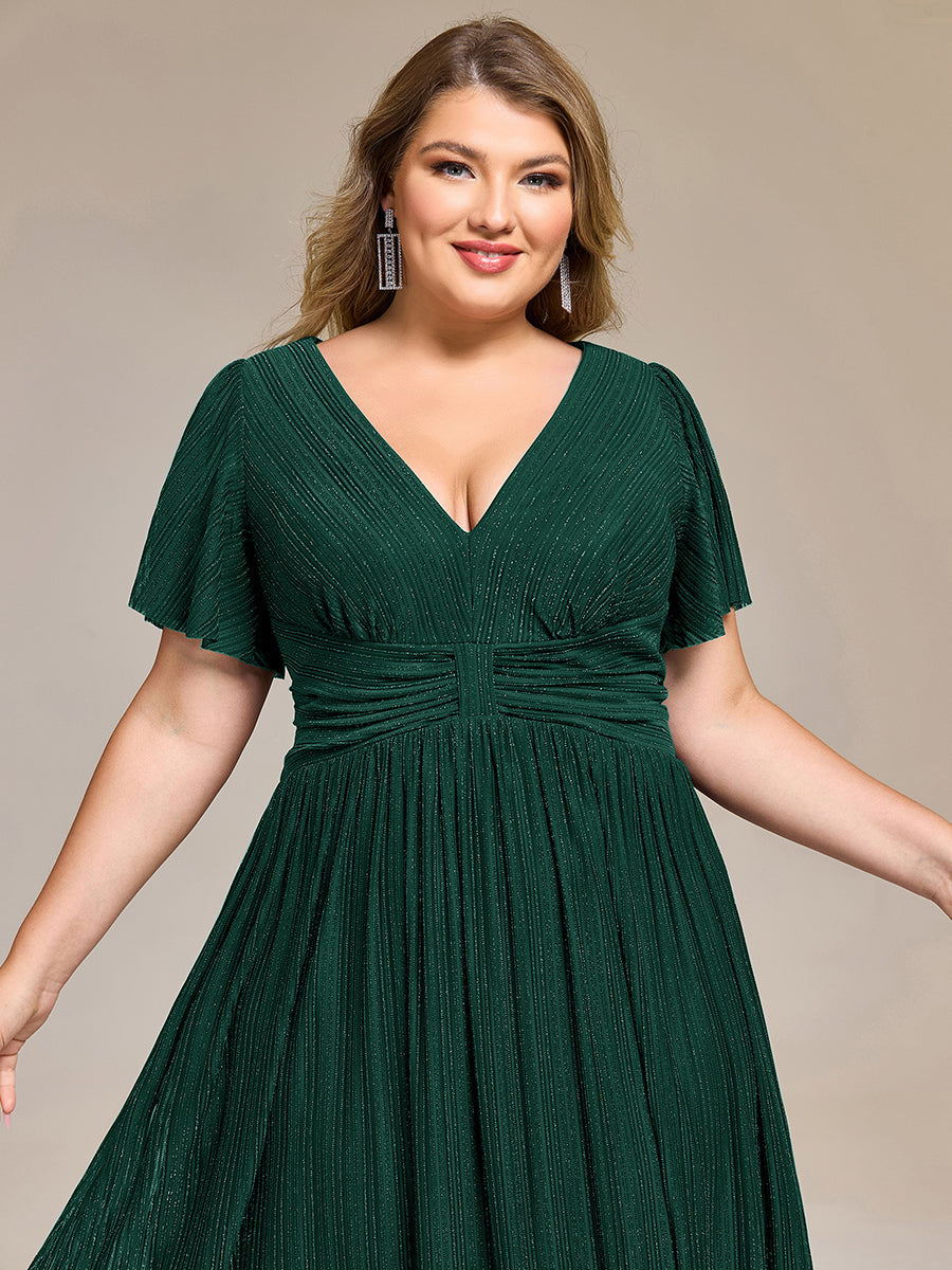 Color=Dark Green | Wholesale Pricing Short Sleeve Ruffle V-Neck A-Line Midi Length Formal Dresses-Dark Green 10