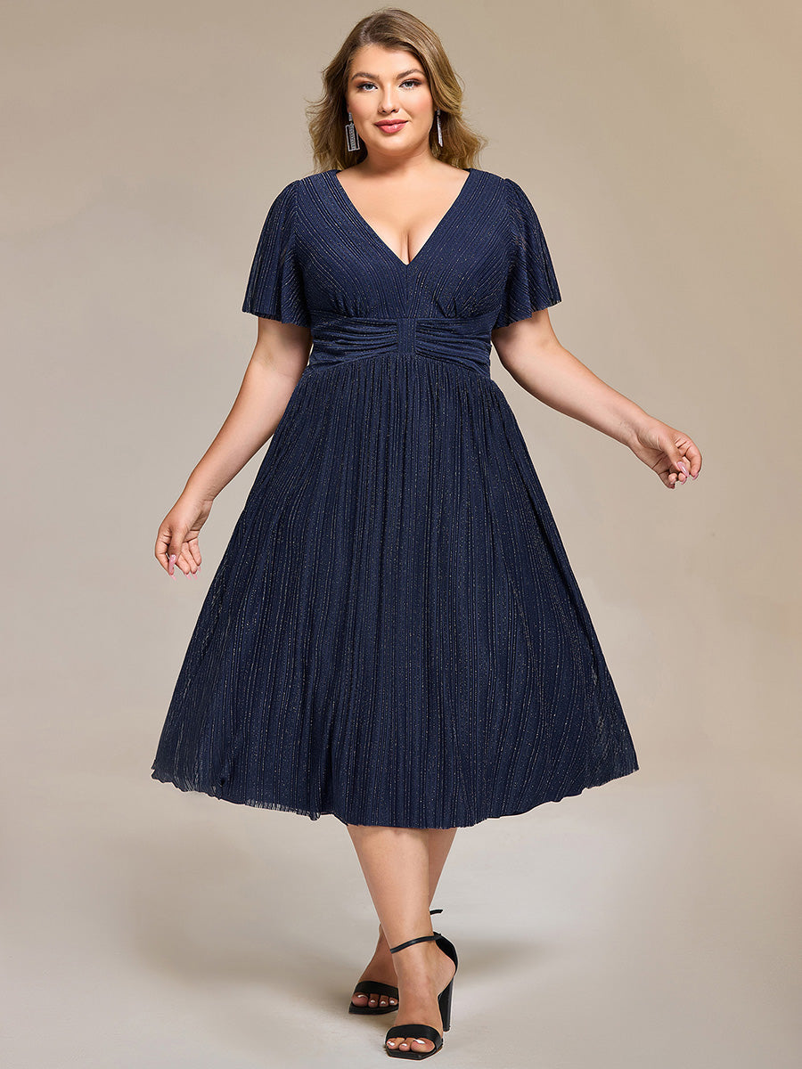 Color=Navy Blue | Wholesale Pricing Short Sleeve Ruffle V-Neck A-Line Midi Length Formal Dresses-Navy Blue 11
