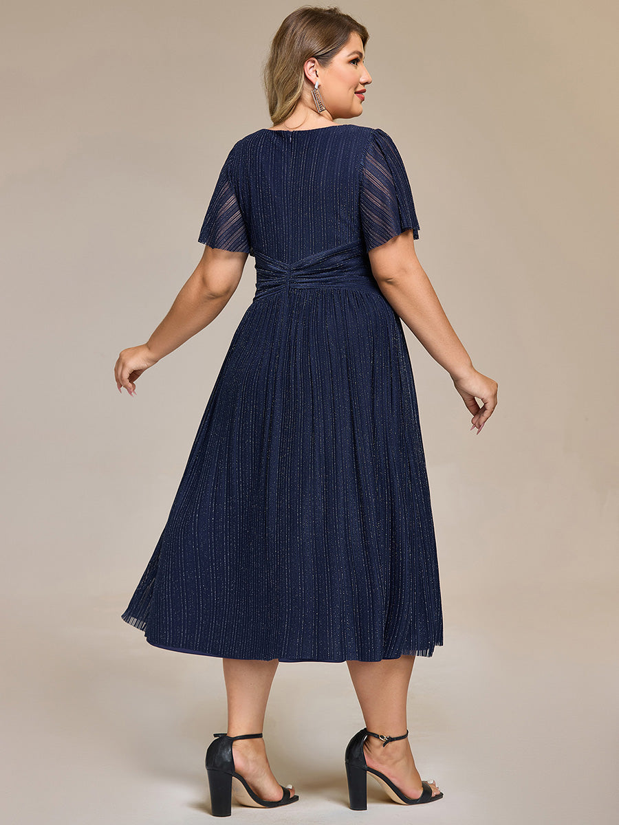 Color=Navy Blue | Wholesale Pricing Short Sleeve Ruffle V-Neck A-Line Midi Length Formal Dresses-Navy Blue 12
