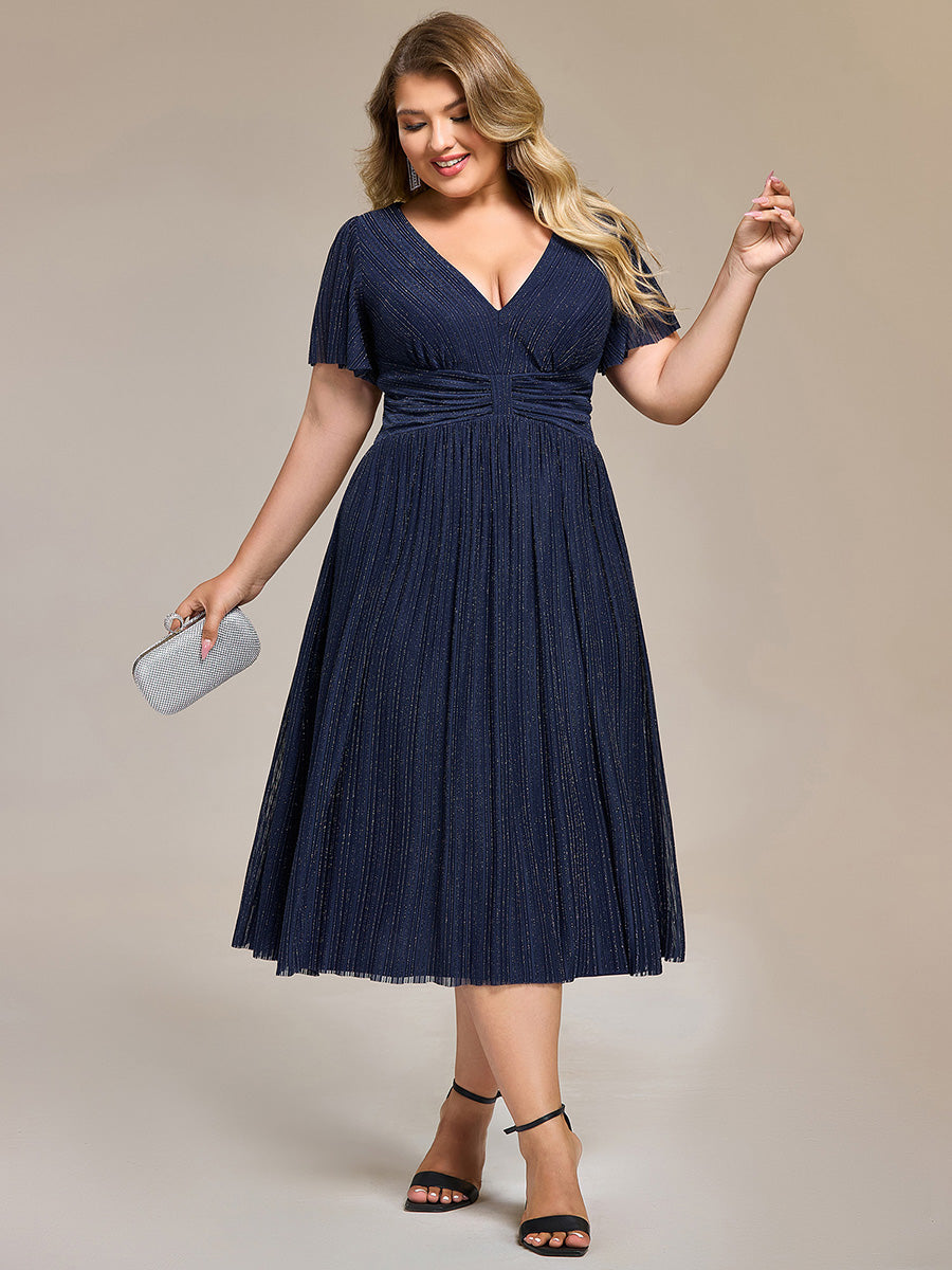 Color=Navy Blue | Wholesale Pricing Short Sleeve Ruffle V-Neck A-Line Midi Length Formal Dresses-Navy Blue 13