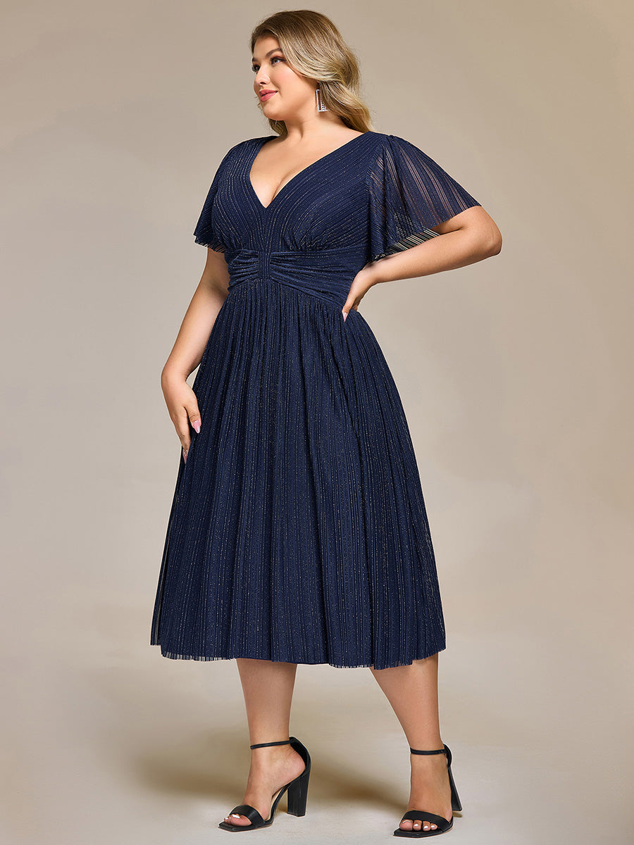 Color=Navy Blue | Wholesale Pricing Short Sleeve Ruffle V-Neck A-Line Midi Length Formal Dresses-Navy Blue 14