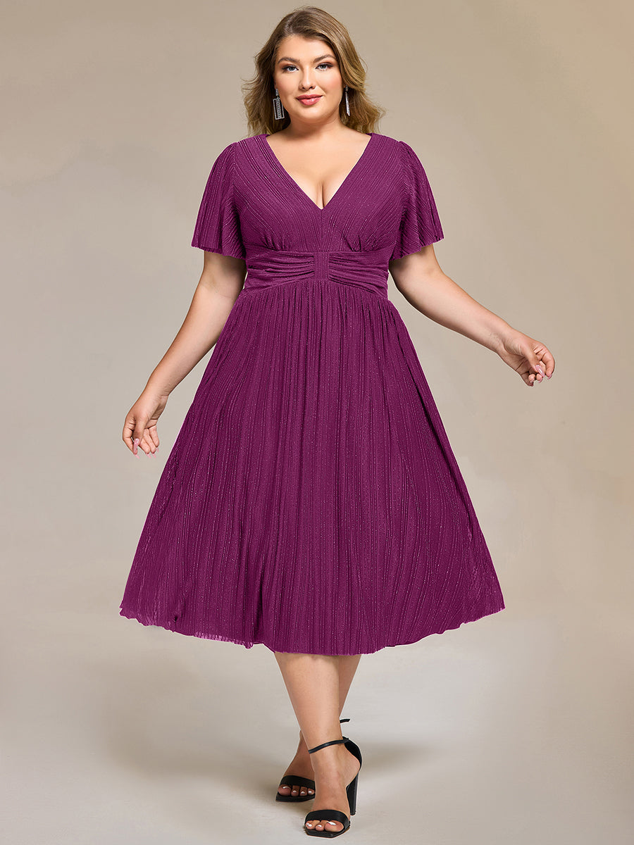 Color=Purple Wisteria | Wholesale Pricing Short Sleeve Ruffle V-Neck A-Line Midi Length Formal Dresses-Purple Wisteria 16