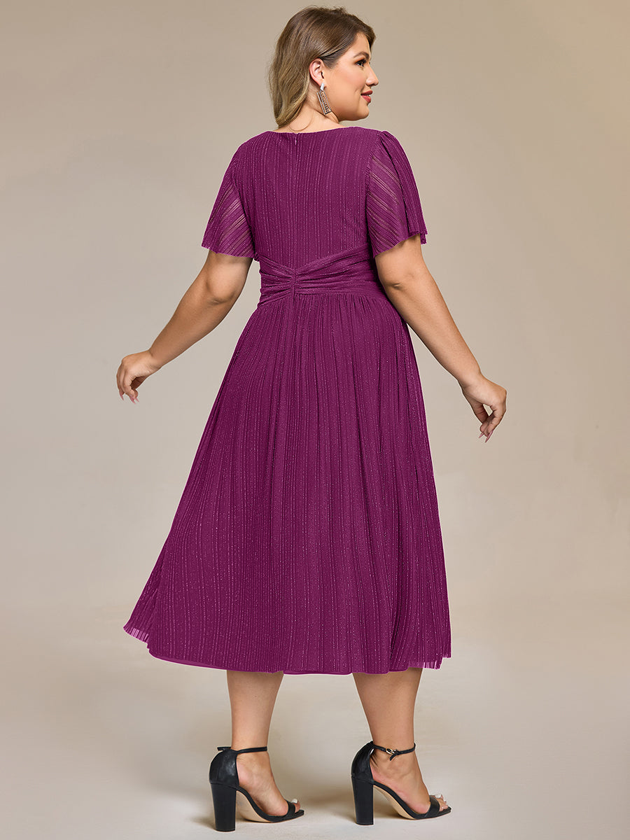 Color=Purple Wisteria | Wholesale Pricing Short Sleeve Ruffle V-Neck A-Line Midi Length Formal Dresses-Purple Wisteria 17