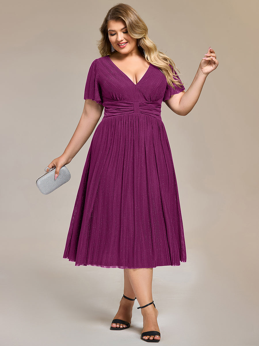 Color=Purple Wisteria | Wholesale Pricing Short Sleeve Ruffle V-Neck A-Line Midi Length Formal Dresses-Purple Wisteria 18