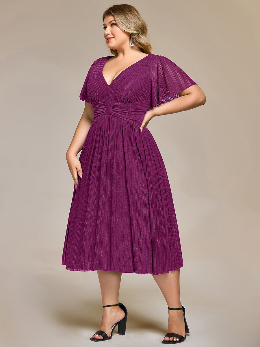 Color=Purple Wisteria | Wholesale Pricing Short Sleeve Ruffle V-Neck A-Line Midi Length Formal Dresses-Purple Wisteria 19
