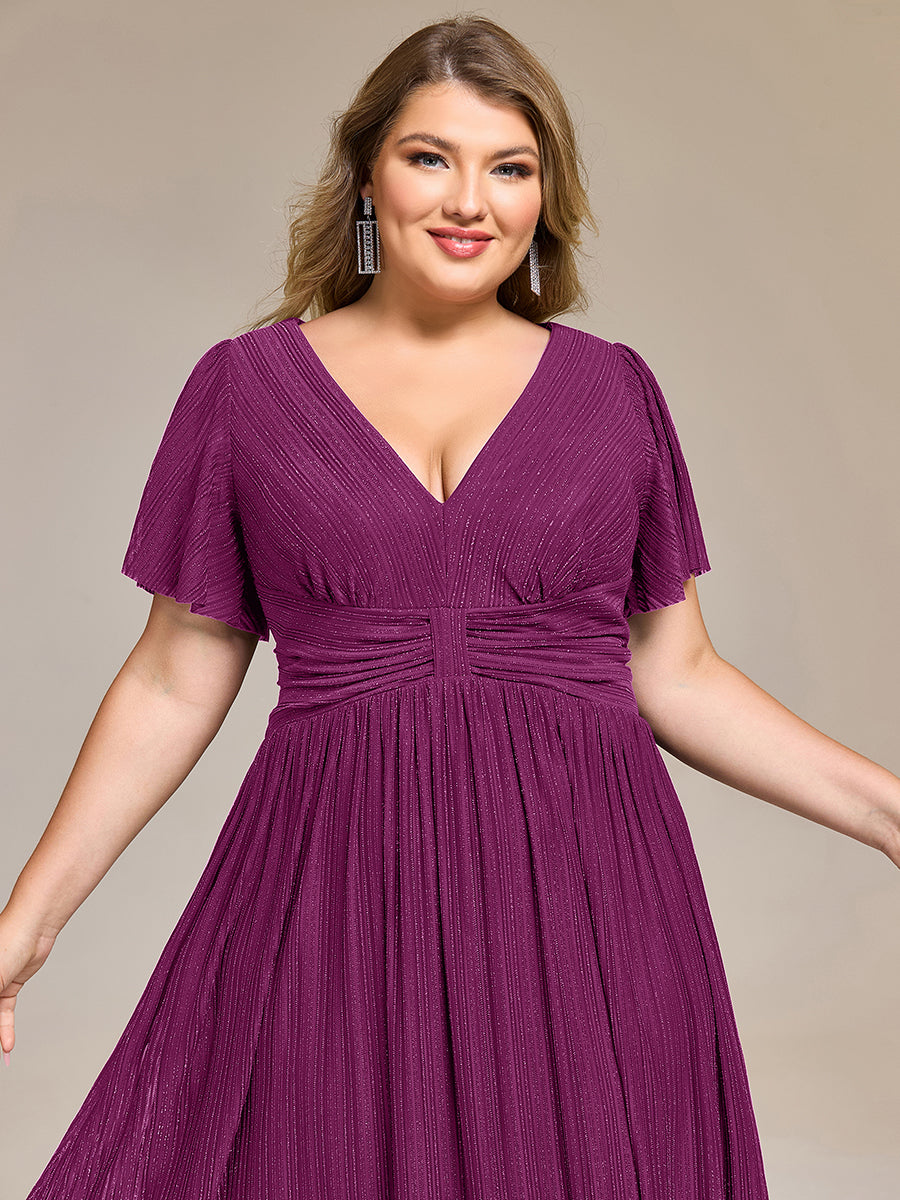 Color=Purple Wisteria | Wholesale Pricing Short Sleeve Ruffle V-Neck A-Line Midi Length Formal Dresses-Purple Wisteria 20