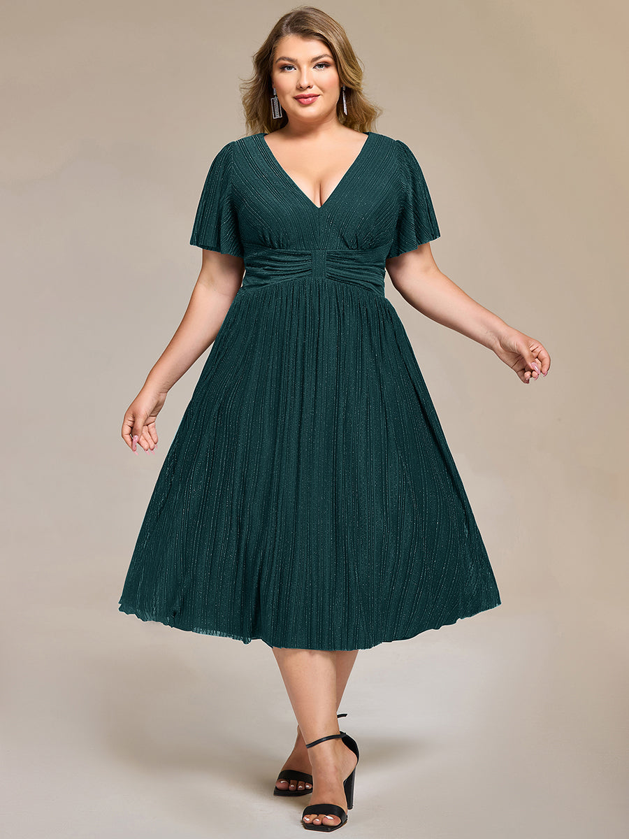 Color=Teal | Wholesale Pricing Short Sleeve Ruffle V-Neck A-Line Midi Length Formal Dresses-Teal 21