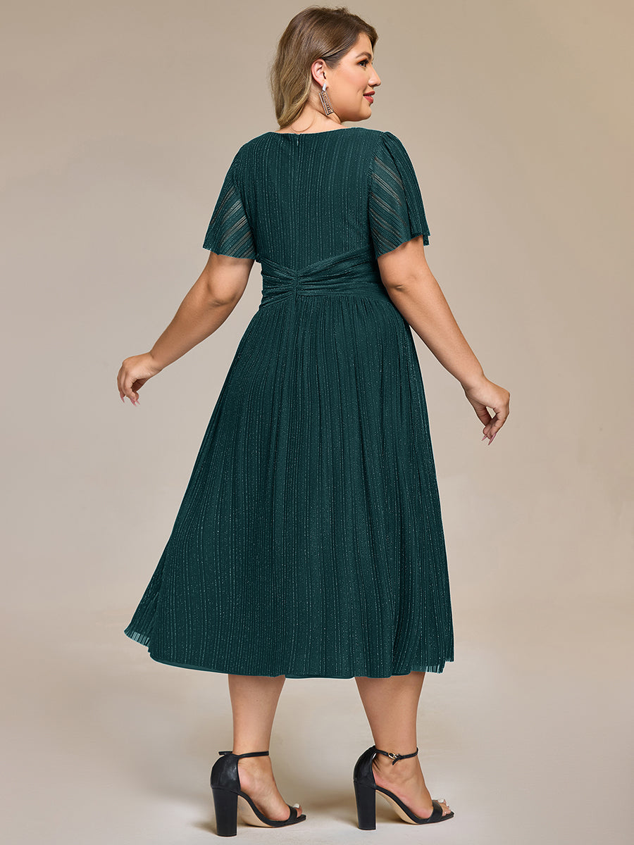 Color=Teal | Wholesale Pricing Short Sleeve Ruffle V-Neck A-Line Midi Length Formal Dresses-Teal 23