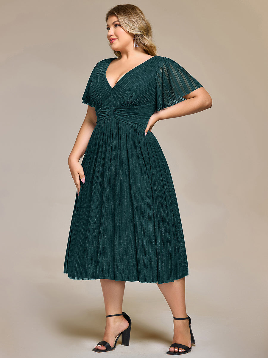 Color=Teal | Wholesale Pricing Short Sleeve Ruffle V-Neck A-Line Midi Length Formal Dresses-Teal 25