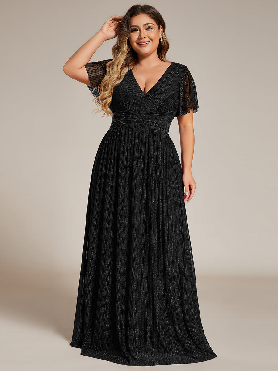 Color=Black | Bulk Order Short Sleeve Ruffle V-Neck High Stretch A-Line Floor Length Evening Dresses-Black 6