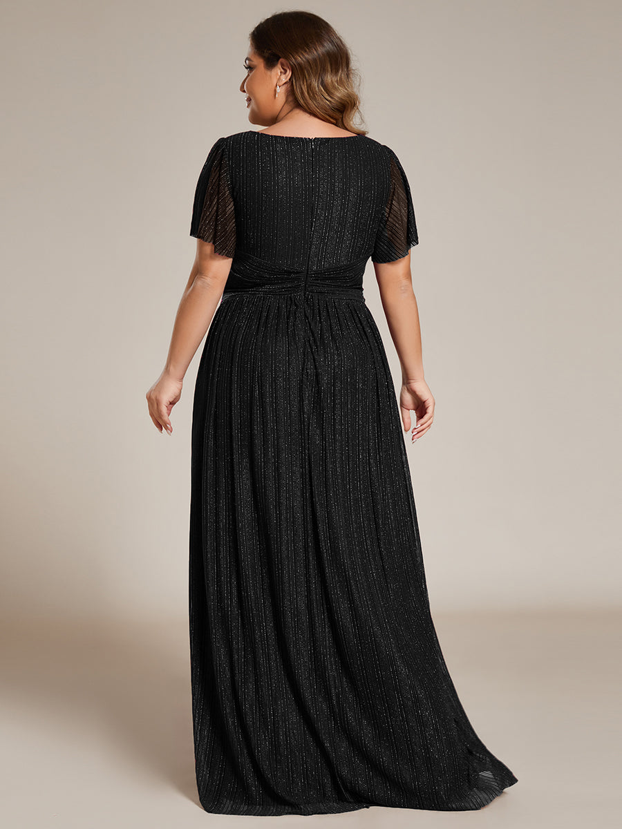 Color=Black | Bulk Order Short Sleeve Ruffle V-Neck High Stretch A-Line Floor Length Evening Dresses-Black 7