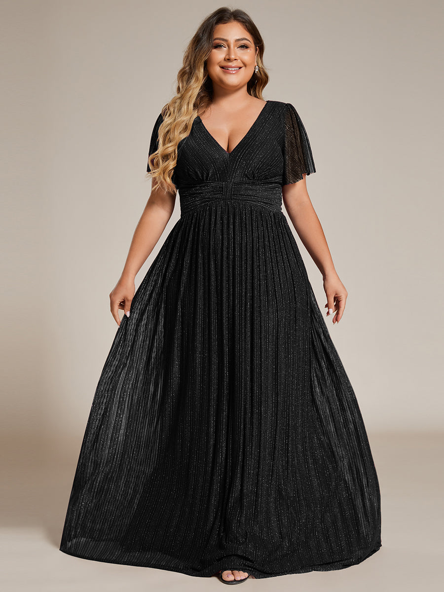 Color=Black | Bulk Order Short Sleeve Ruffle V-Neck High Stretch A-Line Floor Length Evening Dresses-Black 10