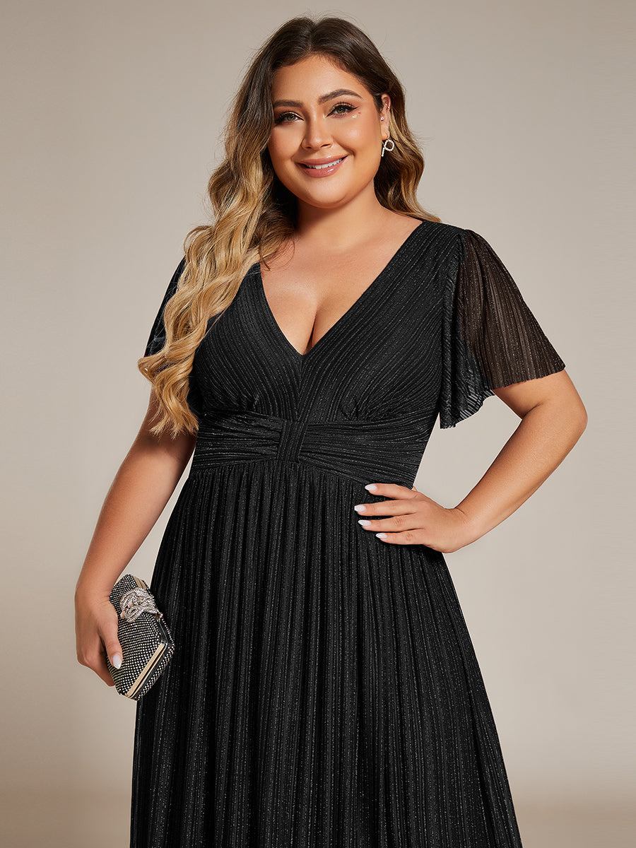 Color=Black | Bulk Order Short Sleeve Ruffle V-Neck High Stretch A-Line Floor Length Evening Dresses-Black 8