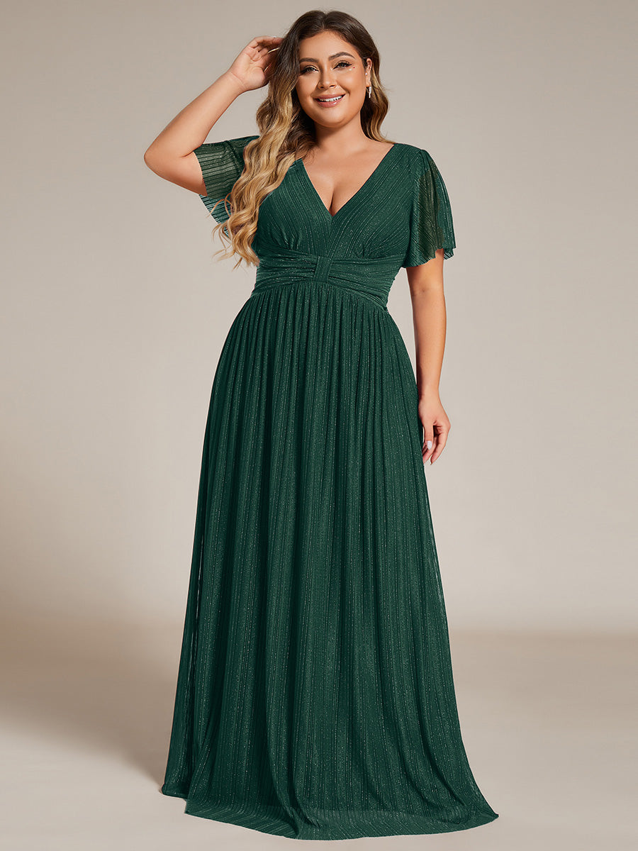 Color=Dark Green | Bulk Order Short Sleeve Ruffle V-Neck High Stretch A-Line Floor Length Evening Dresses-Dark Green 16
